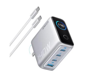 Anker Zidni brzi punjač GaN 140W 4-porta (3xUSB-C i USB-A) sa USB-C M/M pletenim kablom, Srebrni
