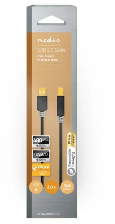 Nedis CCBW60100AT20 USB kabl 2.0 USB-A (M) na USB-B (M) za štampač 2m, Pozlaćeni