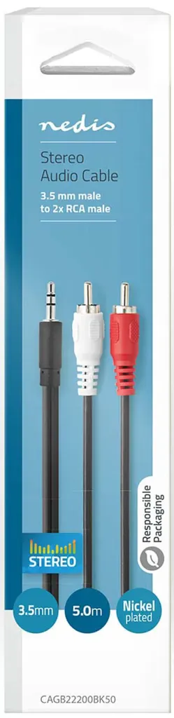 Nedis CAGB22200BK50 stereo audio cable, 3.5 mm male to 2x RCA male, nickel-plated, 5.00 m, black
