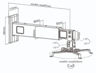 Nedis PJWM200BK Zidni nosač za projektor 15kg 464-607mm 30°, BK