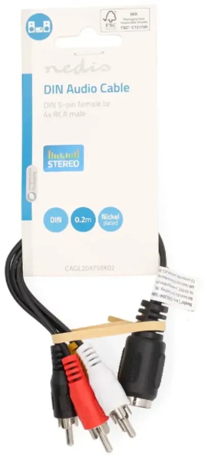 Nedis CAGL20475BK02 DIN audio cable, DIN 5-pin female to 4x RCA male, nickel-plated connectors, 0.20m PVC, black