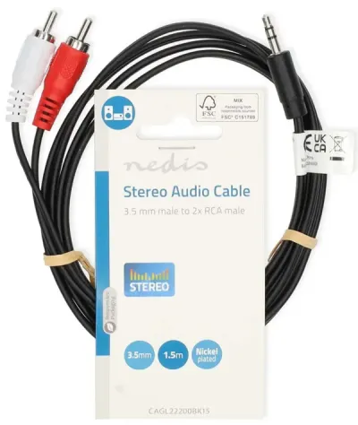 Nedis CAGL22200BK15 stereo audio cable, 3.5 mm male to 2x RCA male, nickel-plated, 1.50 m, black