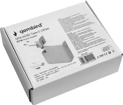 Gembird NPA-AC8D laptop charger, 67W USB-C to USB-C, 5V/3A 9V/3A 12V/3A 15V/3A 20V/3.35A