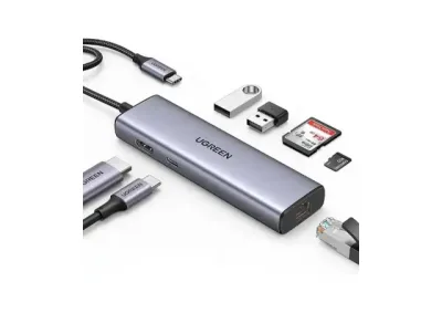 UGREEN USB-C адаптер 7/1, USB 3.0x2 Ethernet RJ45 HDMI 4K 30HZ PD 100W SD TF