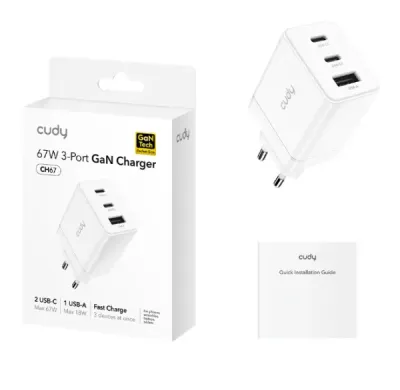Cudy CH67 Brzi punjač za telefone i tablete EU2xUSB-C 1XUSB-A 67W, Beli