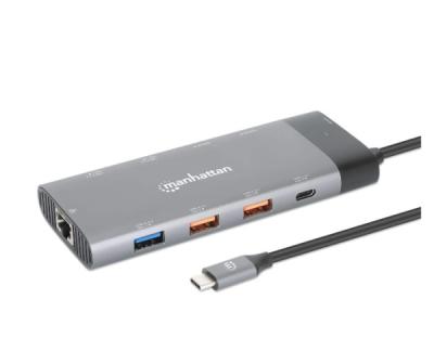 Manhattan 130714 Docking station 10u1 USB C 2xHDMI 5xUSB LAN PD 100W, Siva