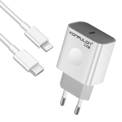 Konfulon C69D+DC13 Kućni punjač PD20W sa PD kablom Type C na iPhone lightning, Beli
