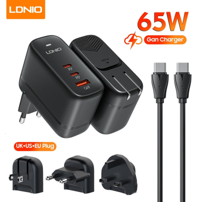 Ldnio Q366 Kućni punjač sa adapterima GaN QC3.0 2xPD3.0 PPS 65W Type C na Type C kablom, Crni
