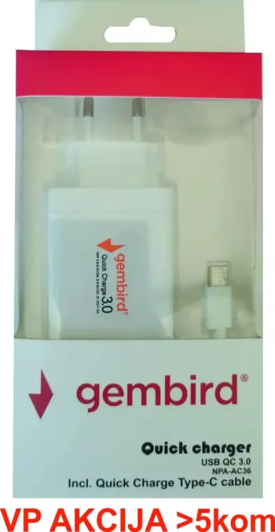 Gembird NPA-AC36 QC3.0 brzi punjac +Type C USB kabl 18W 3.6-6.5V/3A 6.5V-9V/2A 9V-12V/1.5A 407