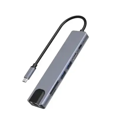 Kettz Adapter-Konverter TIP C 7/1 USB 3.0x2/Ethernet RJ45 /HDMI 4K 30HZ/PD/SD/TF sivi