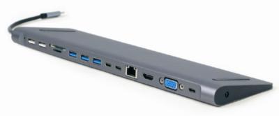 Gembird USB Type-C 9-in-1 multi-port adapter USB hub+HDMI+VGA+PD+card reader+LAN+3.5m A-CM-COMBO9-01, grey