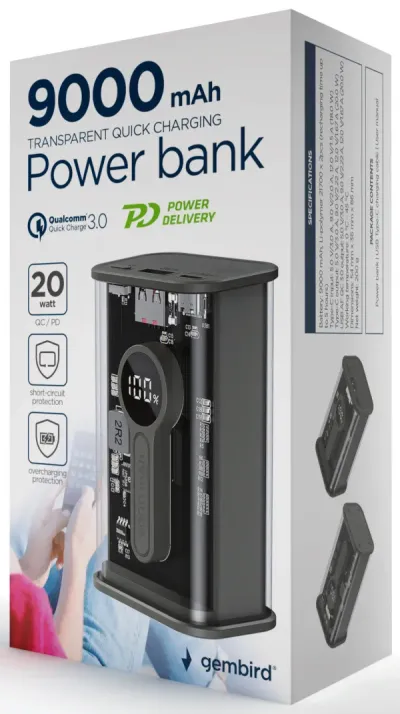 Gembird PB09-TQC3-01 Eksterana baterija 9000 mAh, Crna