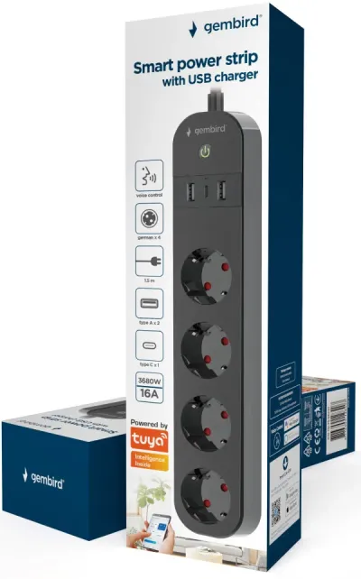 Gembird TSL-PS-S4U-01 smart extension cable with USB charging, 4 sockets, 1.5m, black