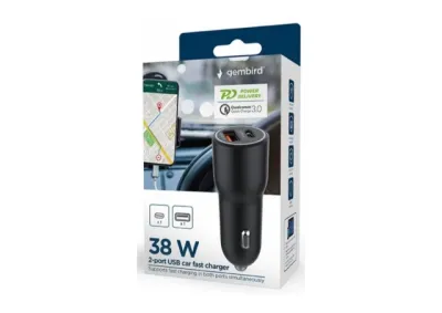 Gembird TA-UC-AC2PDQC38-CAR-01 2-port USB car fast charger Type-C PD 38W, Crna