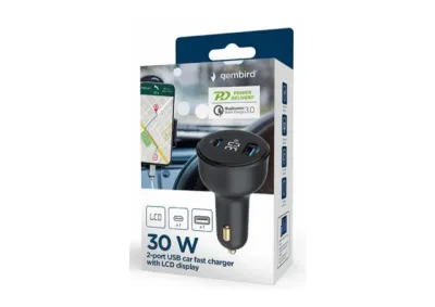Gembird TA-UC-AC2PD30LCD-CAR-01 2-port USB brzi punjac za auto Type-C PD LCD 30W