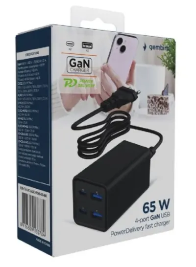 Gembird TA-UC-2A2C-PD65-01-BK Punjač 4-port 65W GaN USB PowerDelivery Brzi, Crni