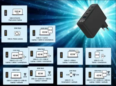 Gembird TA-UC-PDQC100LCD-01-BK Punjač 4-port 100W GaN USB Brzi LCD, Crni