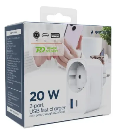 Gembird TA-ACPDQC20-01-W Punjač 20W 2-port USB brzi sa pass-through AC socket-om, Beli