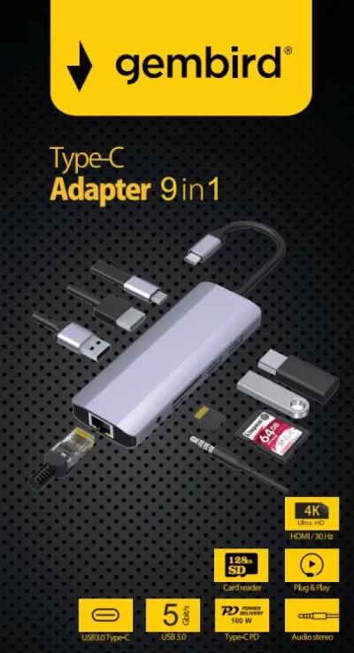 Gembird A-CM-COMBO9-06 Adapter 9 portova RJ45 USB3.0 SD USB-C HDMI USB2.0 3,5mm