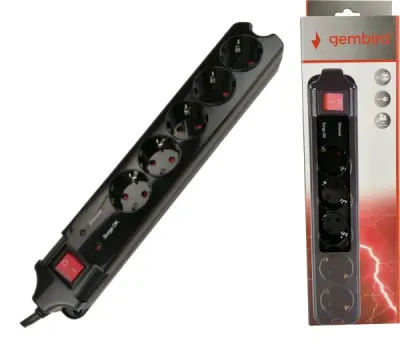 Gembird SPG5-C-6 Power Cube extension cable with surge protection and switch, 5 sockets, 1.8 m, black