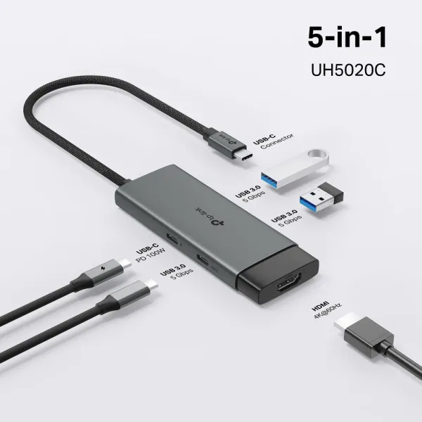 TP-Link Konektor UH5020C USB-C HDMI/2xUSB 3.0/USB-C/PD 100W, Sivi