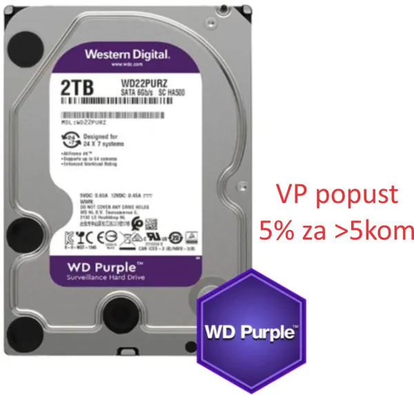 Western Digital WD22PURZ HDD 3.5 2TB 24/7 5400RPM 256MB SATA3, Purple