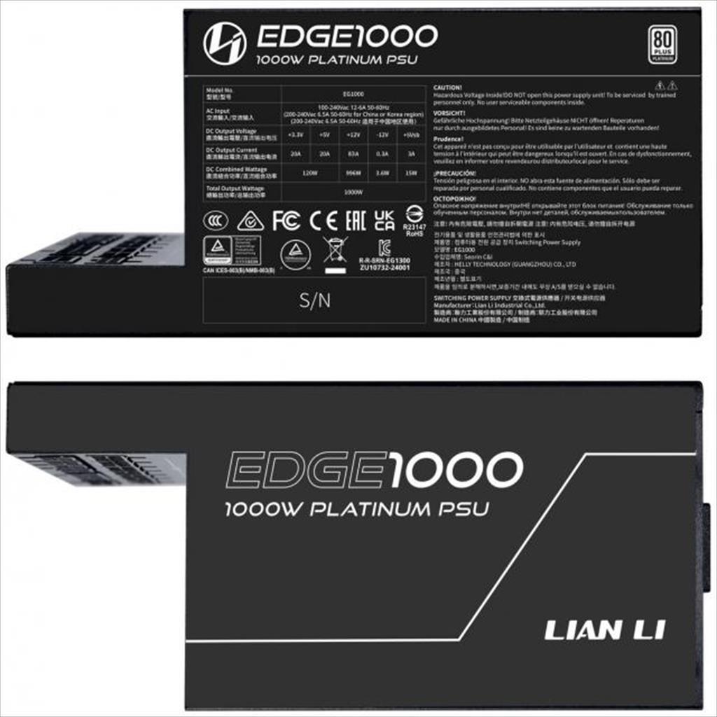 LIAN LI EG1000 Napajanje Edge 1000W 80+ Platinum Pcie 5.1 L-oblik sa 4 USB 2.0 konektora potpuno modularno, Crno