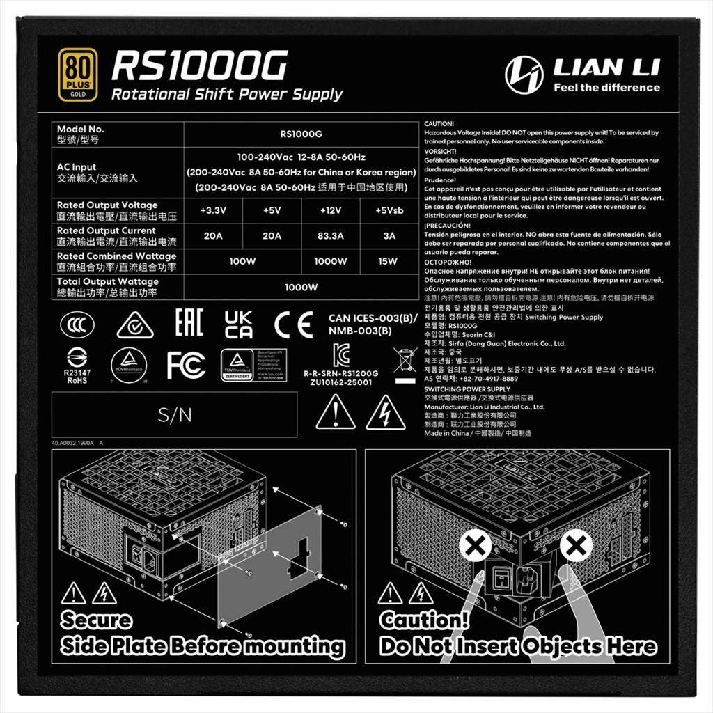 Lian Li RS1000G.B000 Napaјanje 1000W Lian Li Gold RS1000G 80+ Gold Atx 3.1 90° AC ulaz potpuno modularno, Crno