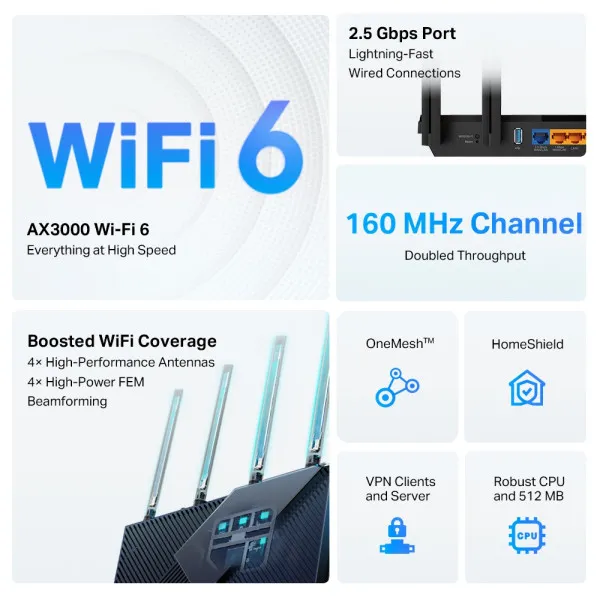 TP-Link Archer AX55Pro LAN Router AX3000 WiFi6 4 2.5G
