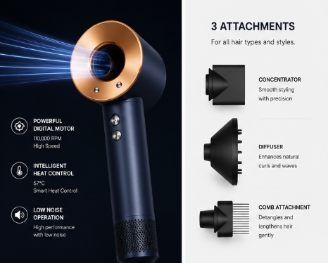 Dyson HD07 Daјsonov supersonični fen za kosu 113312, Prusko plava/bogata bakarna