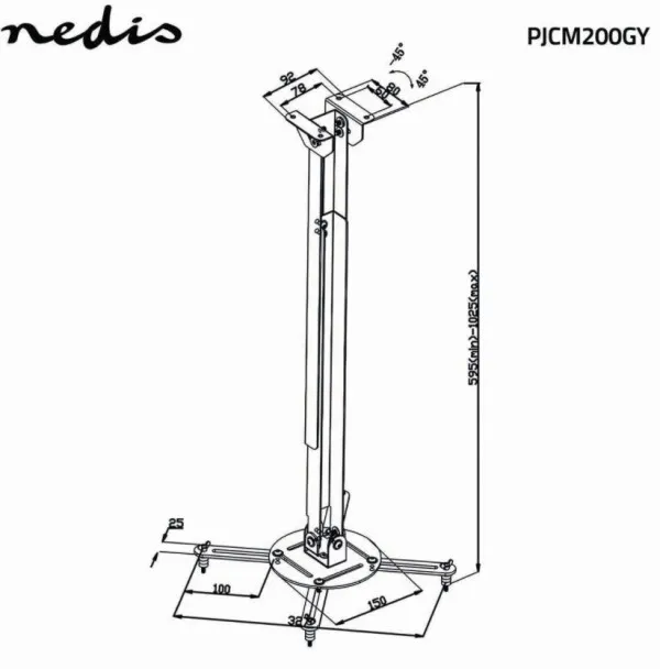 Nedis PJCM200GY Univerzalni plafonski nosač za projektor Rotirajući Tilt 90° 550-1000mm