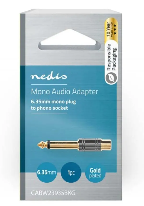 Nedis CABW23935BKG Mono Audio Adapter 6.35mm Muški na RCA Ženski Pozlaćeni Kontakti Metal