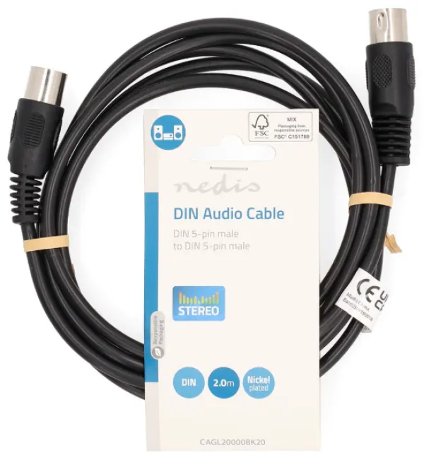 Nedis CAGL20000BK20 DIN Audio Kabl DIN 5-Pin Muški na DIN 5-Pin Muški Niklovani Konektori 2m PVC, Crni