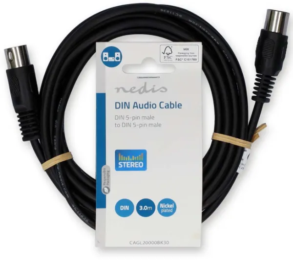 Nedis CAGL20000BK30 DIN Audio Kabl DIN 5-Pin Muški na DIN 5-Pin Muški Niklovani Konektori 3m PVC, Crni