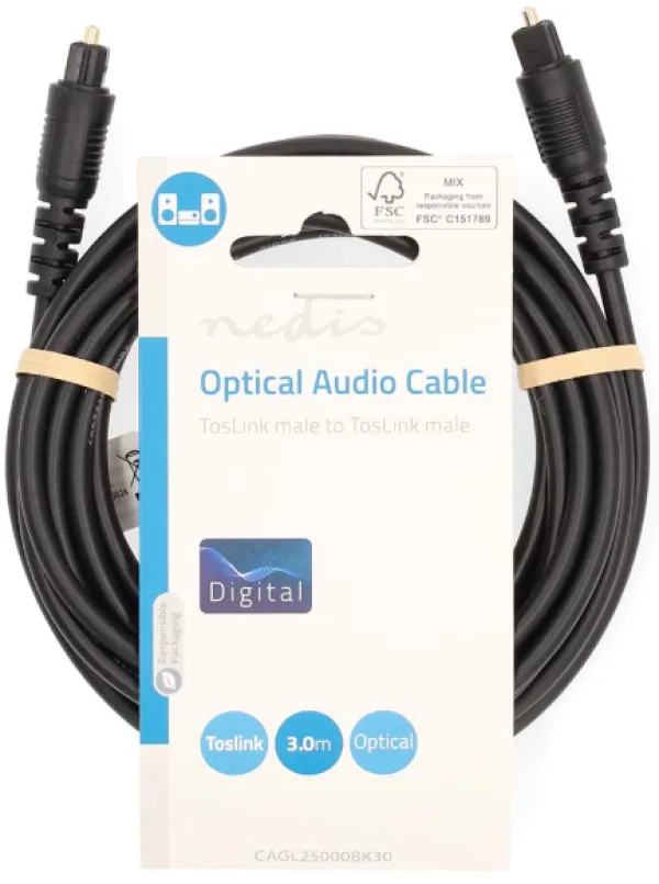 Nedis CAGL25000BK30 Optički Audio Kabl TosLink Muški na TosLink Muški 3m PVC, Crni