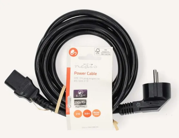 Nedis CEGL10015BK30 Naponski kabl sa uzemljenjem (IEC-320-C13) PC-186 Ugaoni 3m, Crni