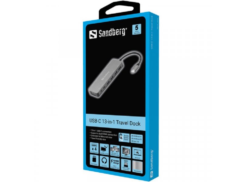 Sandberg 136-45 USB Hub USB Hub 13 porta USB-C Sivi