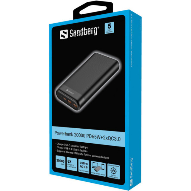 Sandberg 420-62 Eksterna baterija 20000mAh 65W 2xQC 3.0, Crna