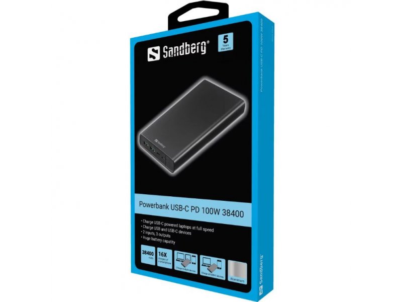 SANDBERG PD100W Eksterna baterija Powerbank USB-C 38400, Crna