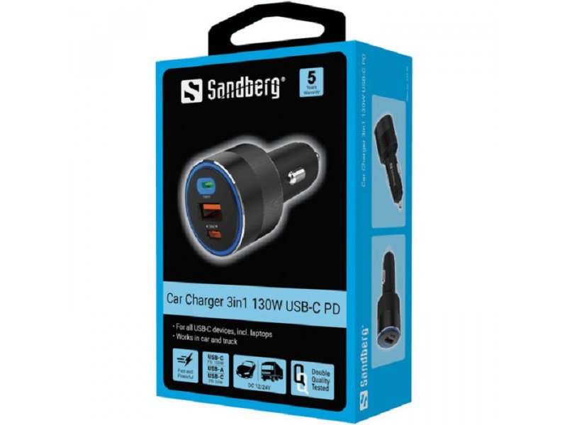 Sandberg 441-49 USB Auto punjač 3u1 USB/USB-C 130W, Crni