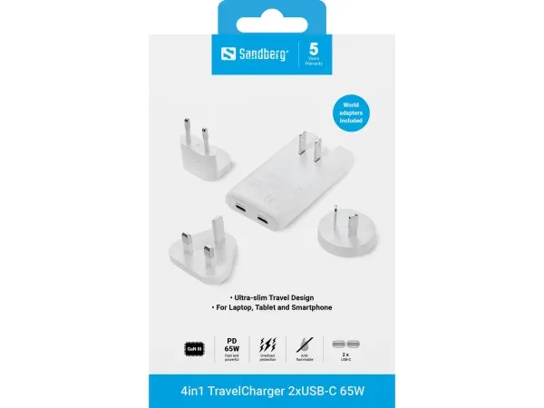 Sandberg 441-68 Putni punjač 2 x USB-C/A 65 W 4 u 1, Beli