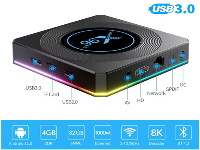 Gembird X96 X4 TV box 4/64GB smart S905X4 quad Mali-G31MP 8K KODI Android 11.0, Crni