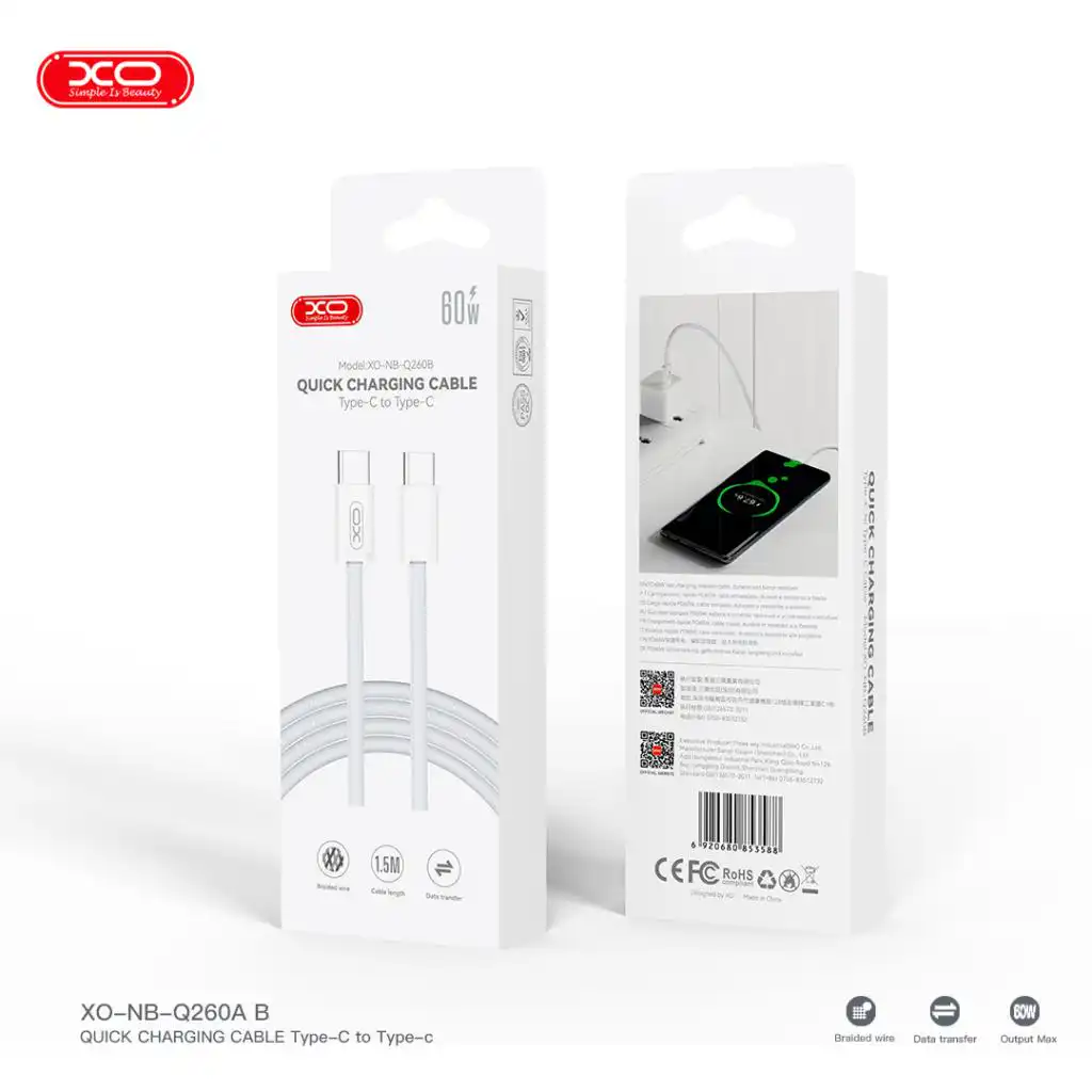 XO NB-Q260B USB Kabl za punjenje uređaja Tip C na Tip C 1.5m 60W, Beli pleteni