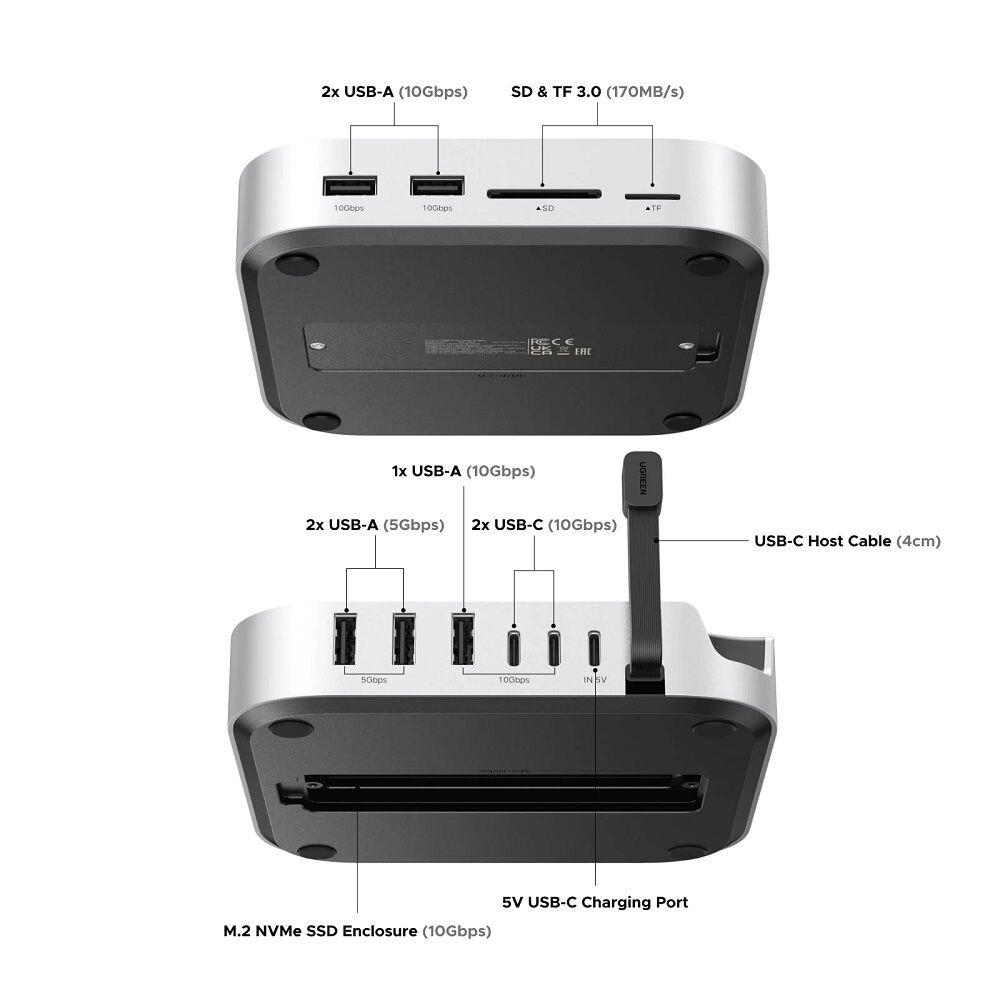 UGREEN CM841 Docking Station za Mac mini M4 11-u-1 NVMe SSD slot, Srebrne boje