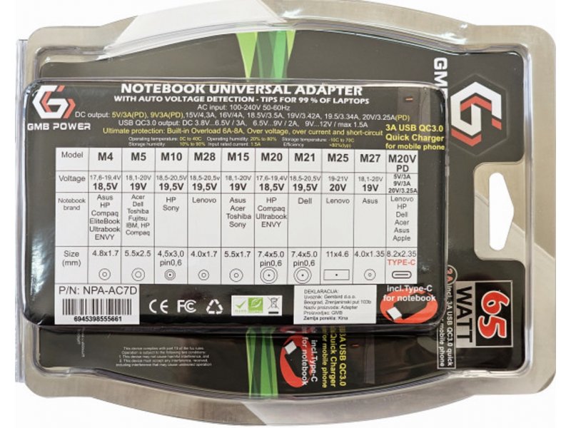 Gembird NPA-AC7D Univerzalni laptop punjač AC 65W sa Tip-C + QC3.0 mob. brzi punjač