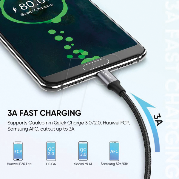Ugreen 60126 Kabl USB-A na USB-C QC 3.0 3A 1m, Sivi