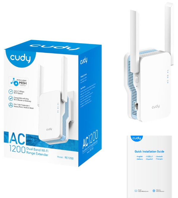 Cudy RE1200 WiFi ruter AC1200 MESH Range Extender Dual Band 2.4+5Ghz 2x5dBi 1xLAN AP/WPS ACCESS+LED
