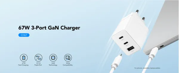 Cudy CH67 Brzi punjač za telefone i tablete EU2xUSB-C 1XUSB-A 67W, Beli