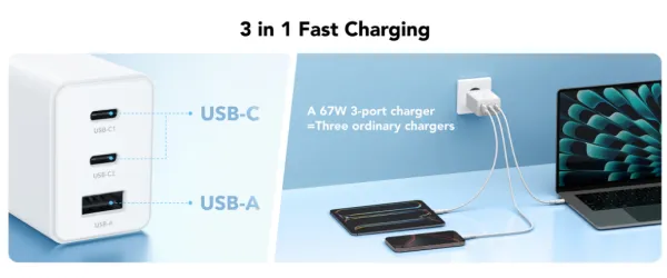 Cudy CH67 Brzi punjač za telefone i tablete EU2xUSB-C 1XUSB-A 67W, Beli