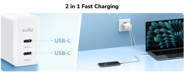 Cudy CH40_EU,m Brzi punjac Za telefone,laptopove I tablete PD+PPS+QC 2× USB-C 40W, Beli